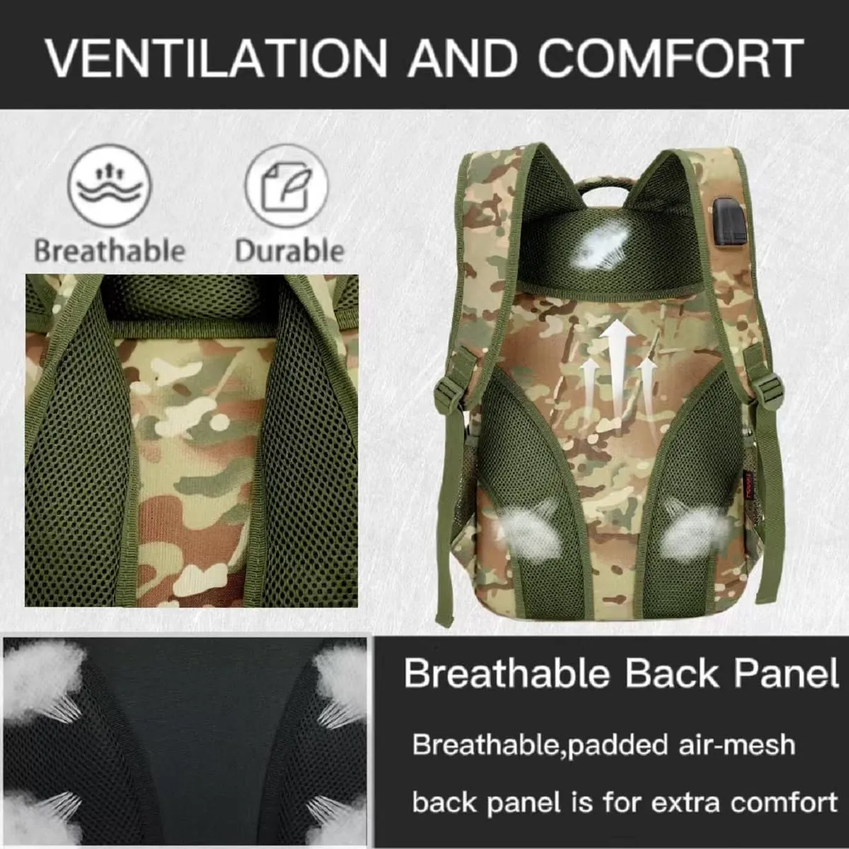 outdoor plus Camo Backpack,Military Boys Backpacks for School,Army Bookbag with USB Charging Port,30l/40L