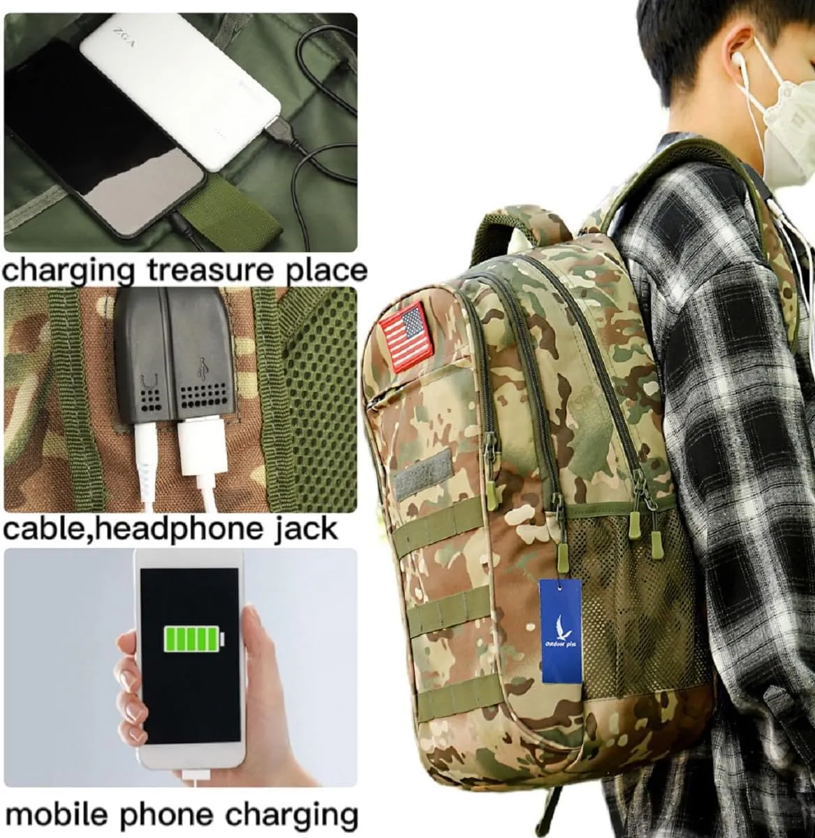 outdoor plus Camo Backpack,Military Boys Backpacks for School,Army Bookbag with USB Charging Port,30l/40L