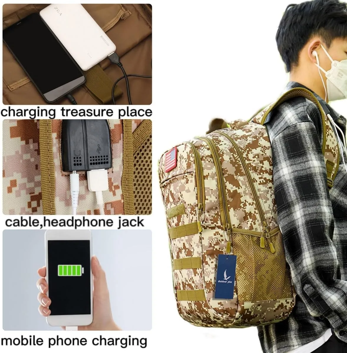 outdoor plus Camo Backpack,Military Boys Backpacks for School,Army Bookbag with USB Charging Port,30l/40L