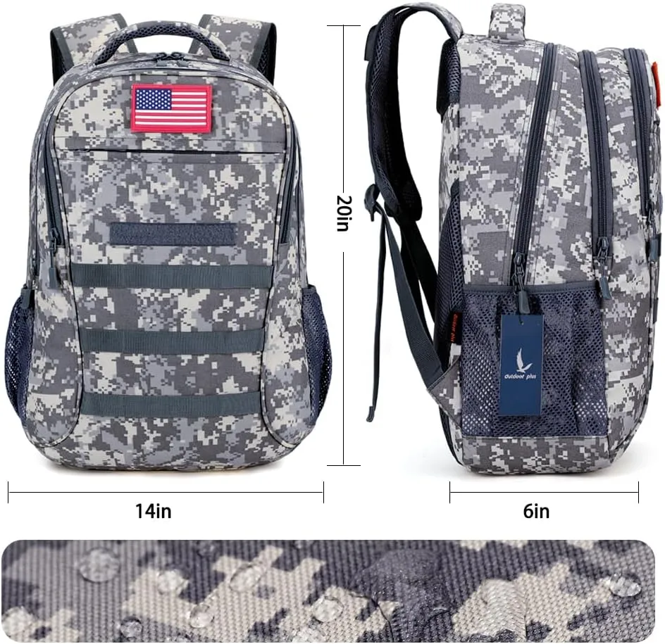 outdoor plus Camo Backpack,Military Boys Backpacks for School,Army Bookbag with USB Charging Port,30l/40L