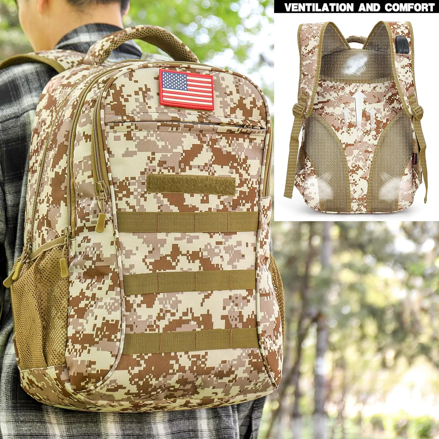outdoor plus Camo Backpack,Military Boys Backpacks for School,Army Bookbag with USB Charging Port,30l/40L