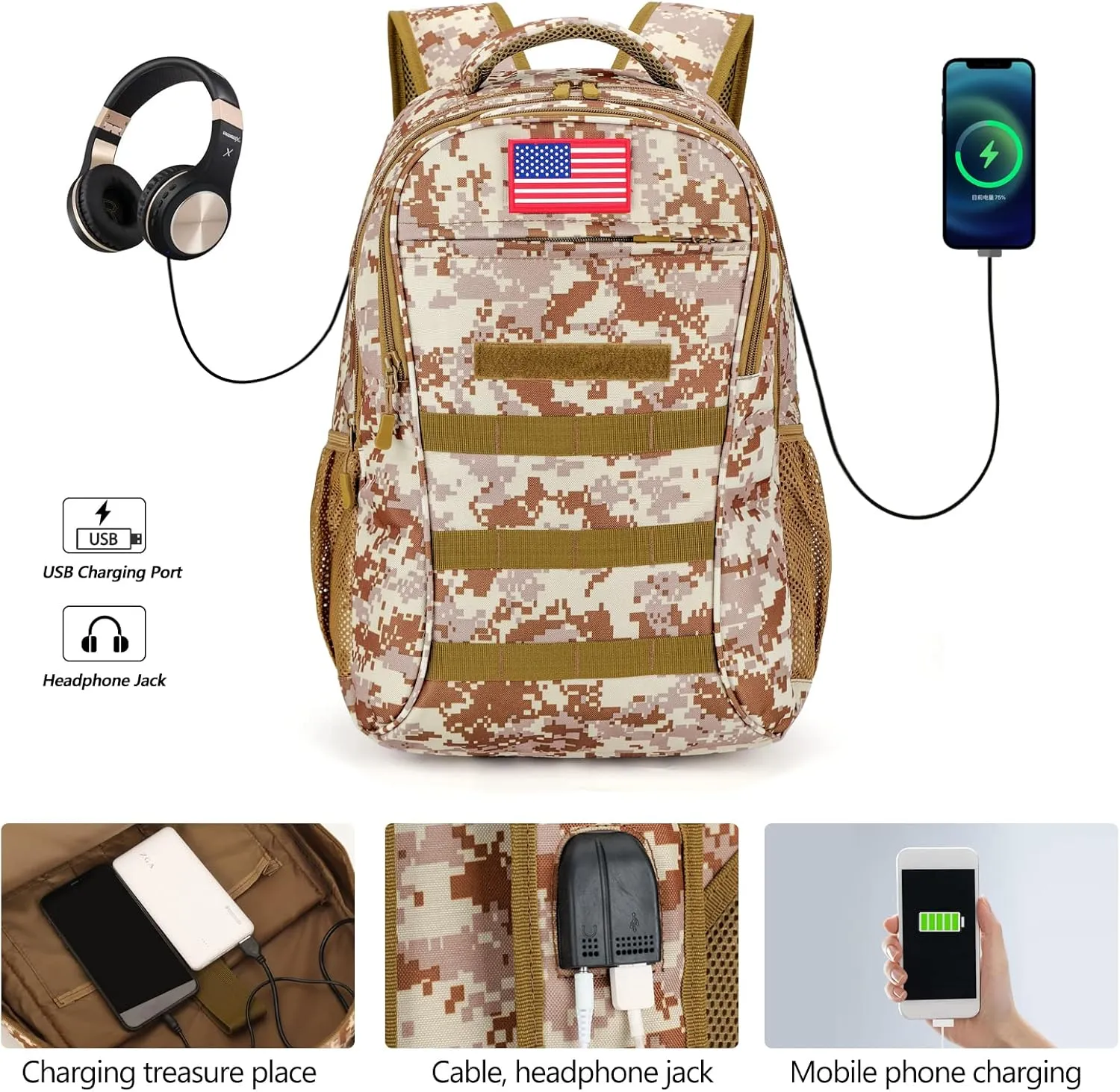outdoor plus Camo Backpack,Military Boys Backpacks for School,Army Bookbag with USB Charging Port,30l/40L