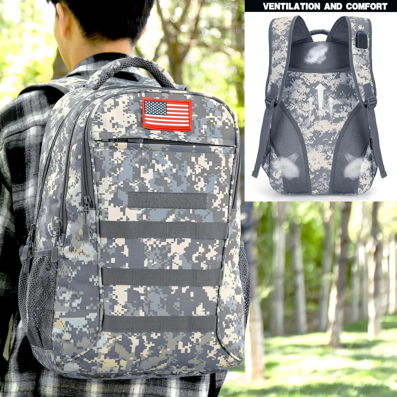 outdoor plus Camo Backpack,Military Boys Backpacks for School,Army Bookbag with USB Charging Port,30l/40L