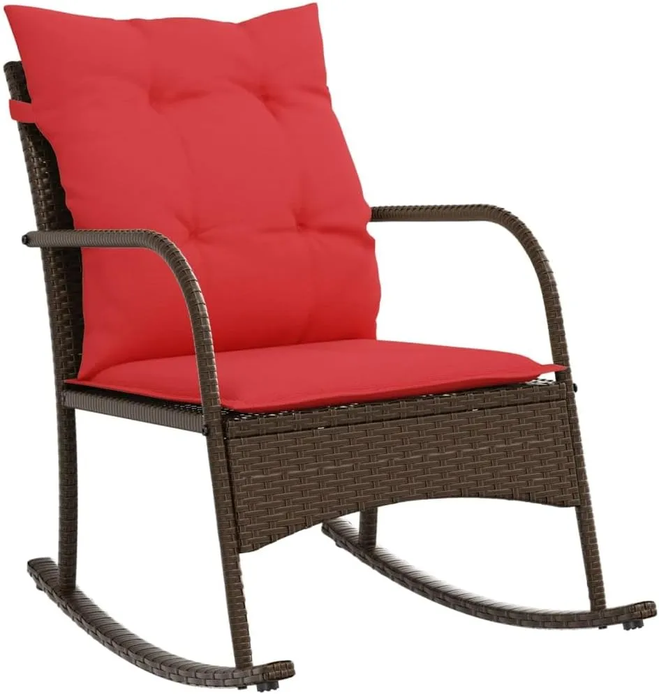Outdoor Rocking Chair with Cushions PE Rattan Patio Furniture Brown 23.6x34.3x31.5 Inch Weather-Resistant Steel Frame for Backyard Porch Poolside