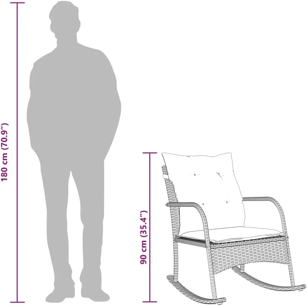 Outdoor Rocking Chair with Cushions PE Rattan Patio Furniture Brown 23.6x34.3x31.5 Inch Weather-Resistant Steel Frame for Backyard Porch Poolside