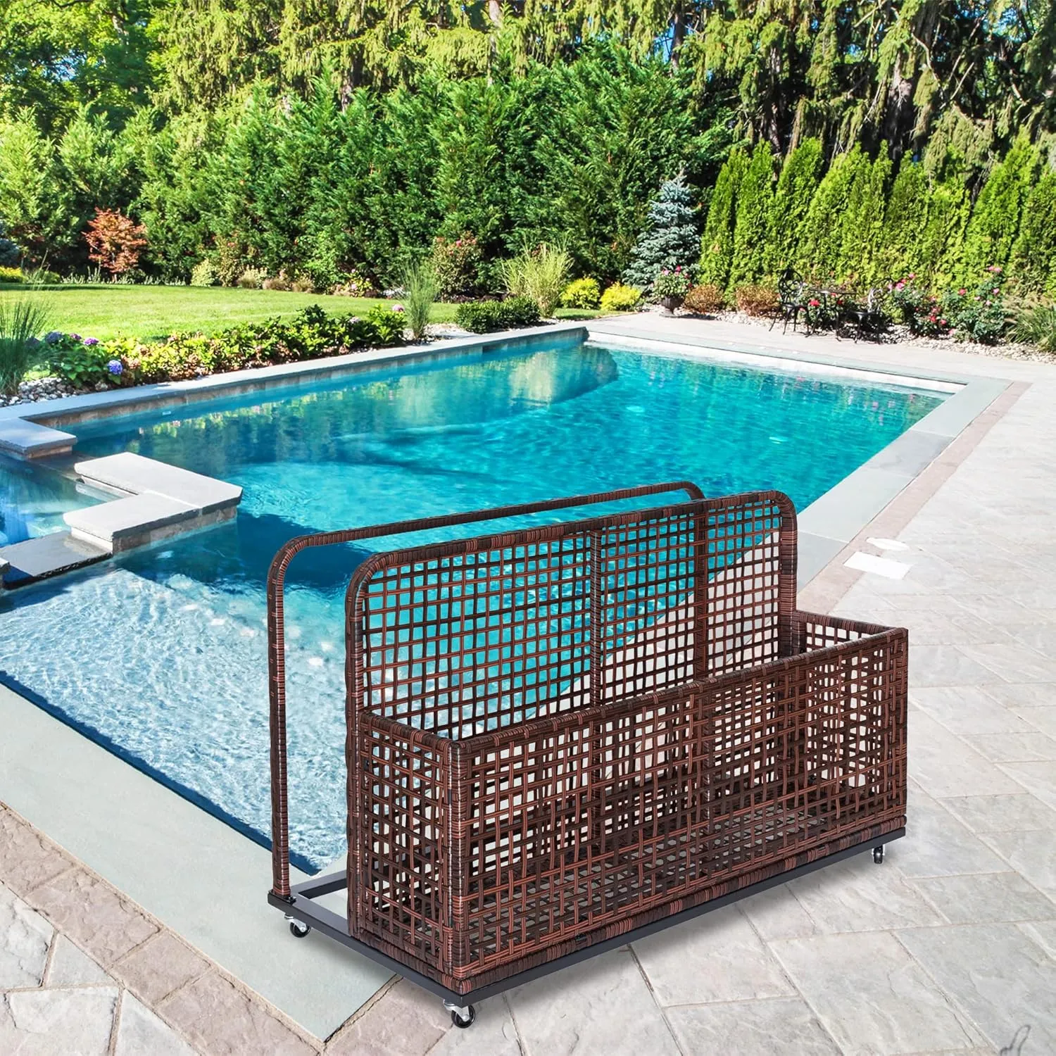 Outdoor Storage,Storage Basket,Poolside Float Storage, Patio Pool Float Storage Box, PE Rattan Outdoor Pool Caddy with Rolling Wheels for Pool,Floaties, Patio,Beach-Sturdy & Movable