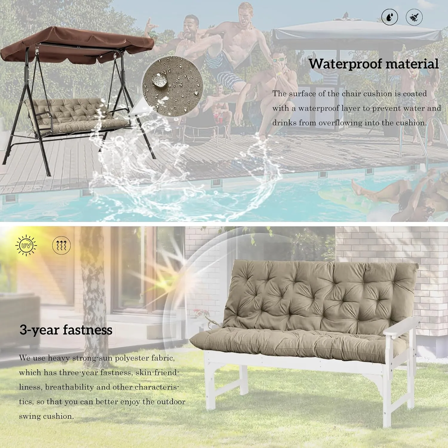 Outside Benches Cushion with Backrest, Thicken Waterproof Swing Cushions 2/3 Seater Replacement, Porch Swing Cushions Outdoor (Beige, 40 x 40 inch)
