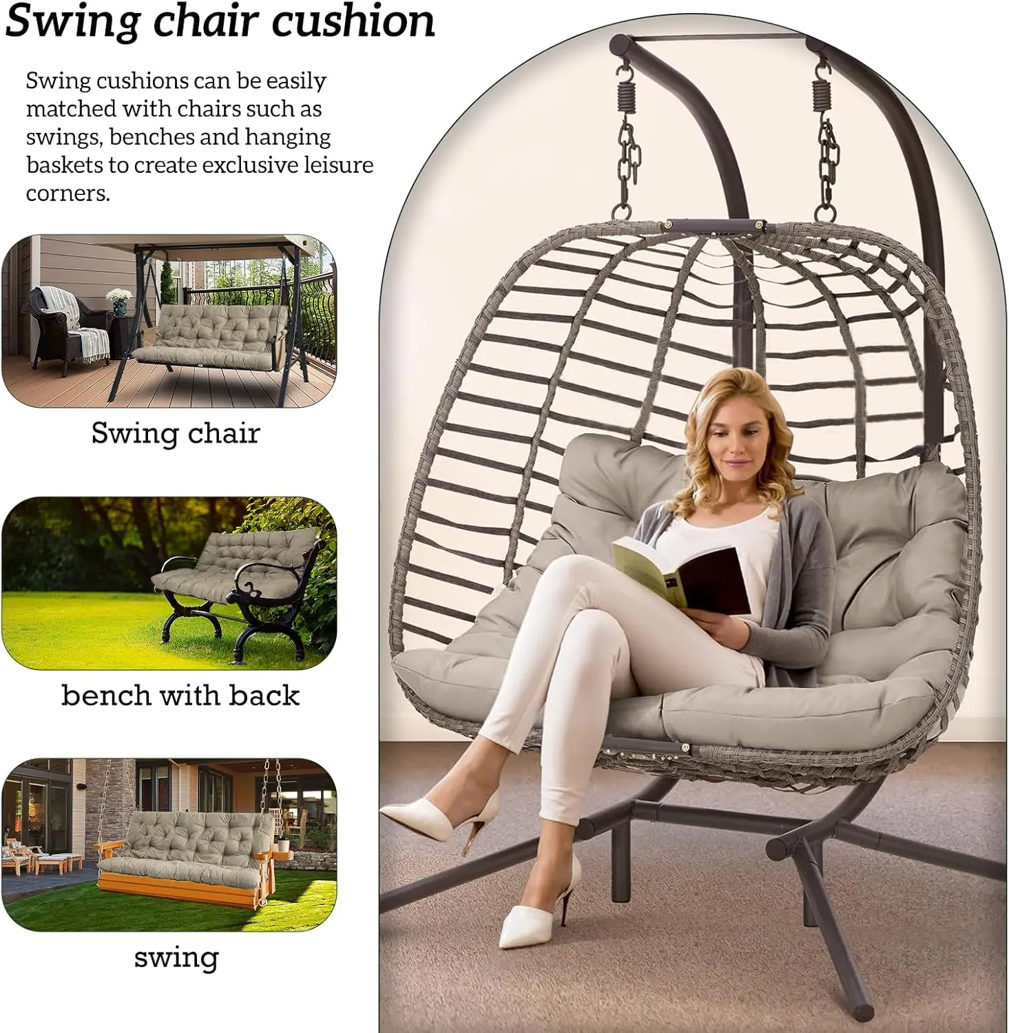 Outside Benches Cushion with Backrest, Thicken Waterproof Swing Cushions 2/3 Seater Replacement, Porch Swing Cushions Outdoor (Beige, 40 x 40 inch)