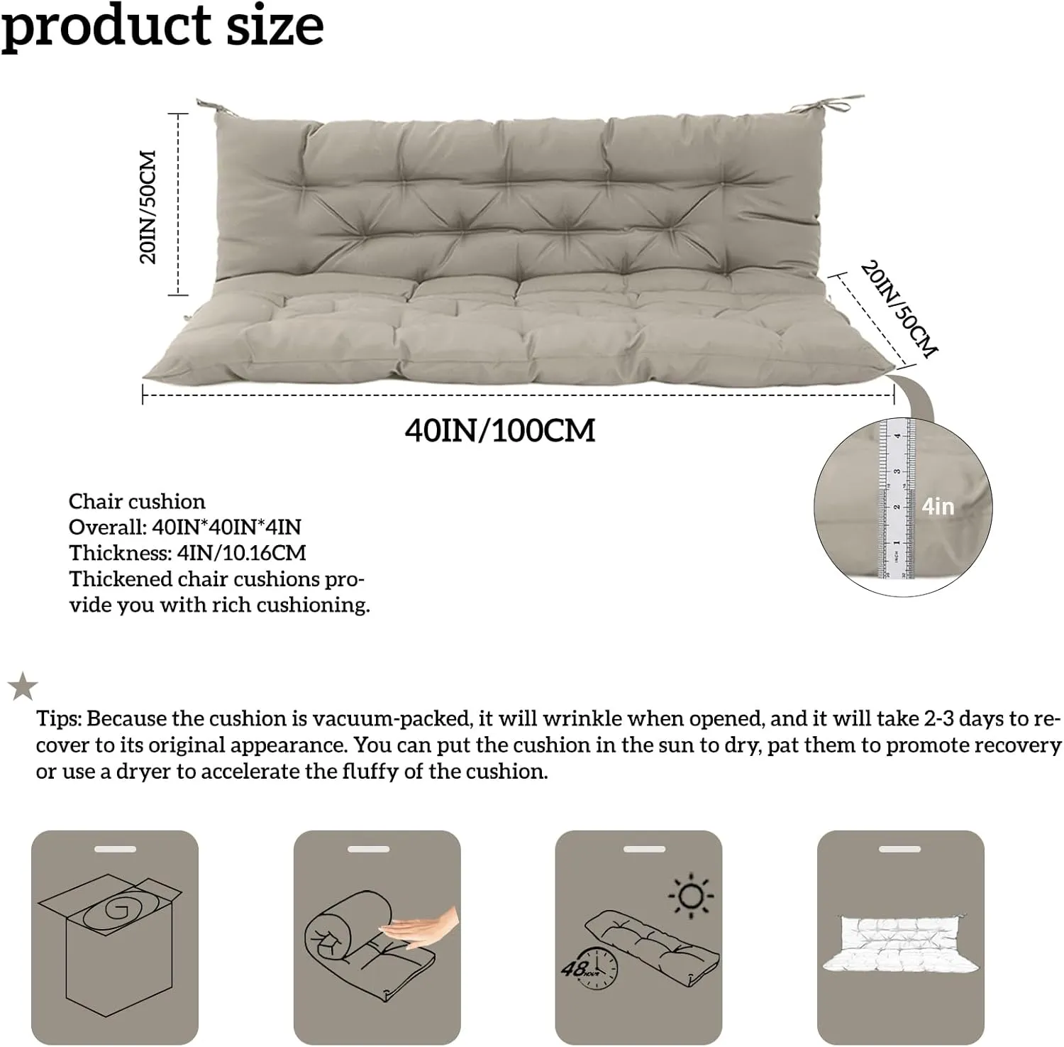 Outside Benches Cushion with Backrest, Thicken Waterproof Swing Cushions 2/3 Seater Replacement, Porch Swing Cushions Outdoor (Beige, 40 x 40 inch)