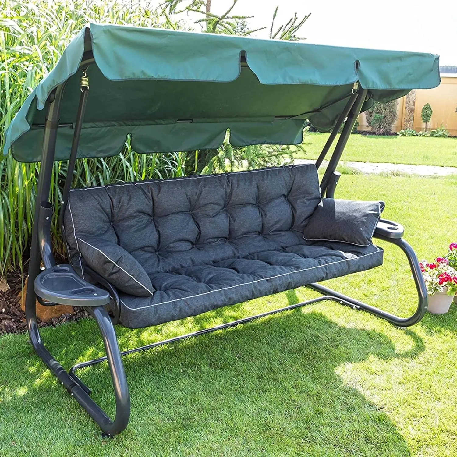 Outside Benches Cushion with Backrest, Thicken Waterproof Swing Cushions 2/3 Seater Replacement, Porch Swing Cushions Outdoor (Black, 55"x40")