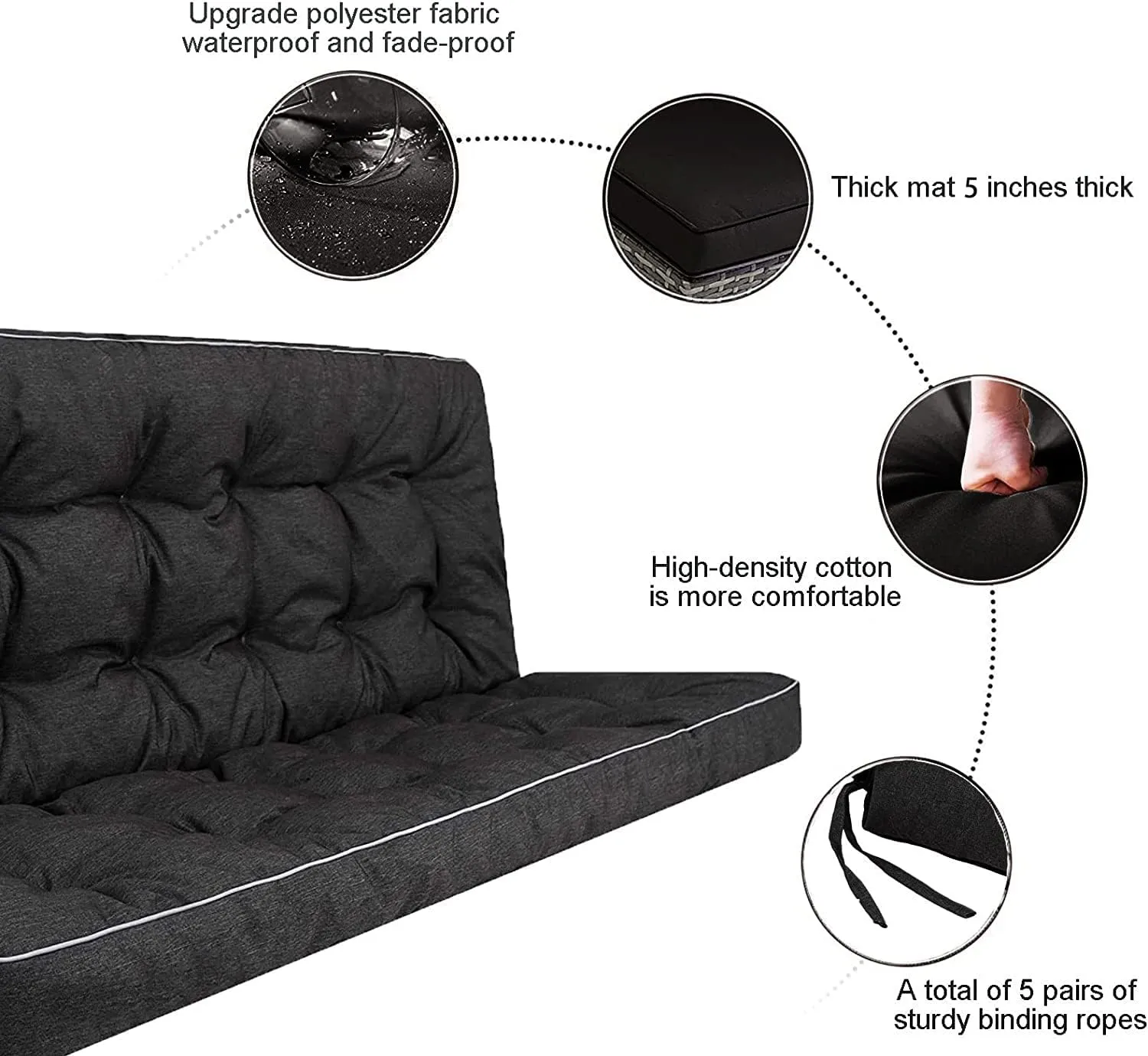 Outside Benches Cushion with Backrest, Thicken Waterproof Swing Cushions 2/3 Seater Replacement, Porch Swing Cushions Outdoor (Black, 55"x40")