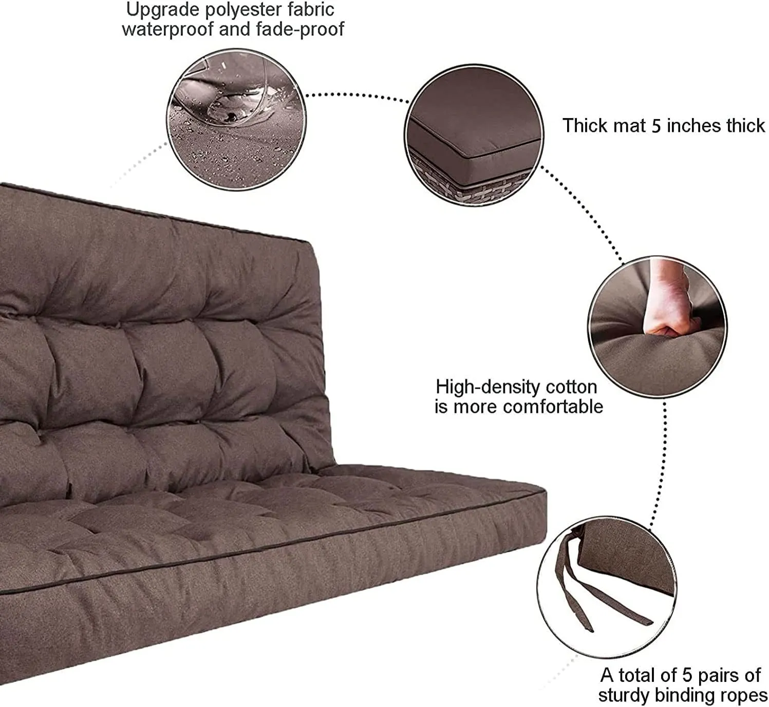 Outside Benches Cushion with Backrest, Thicken Waterproof Swing Cushions 2/3 Seater Replacement, Porch Swing Cushions Outdoor (Brown, 55"x40")