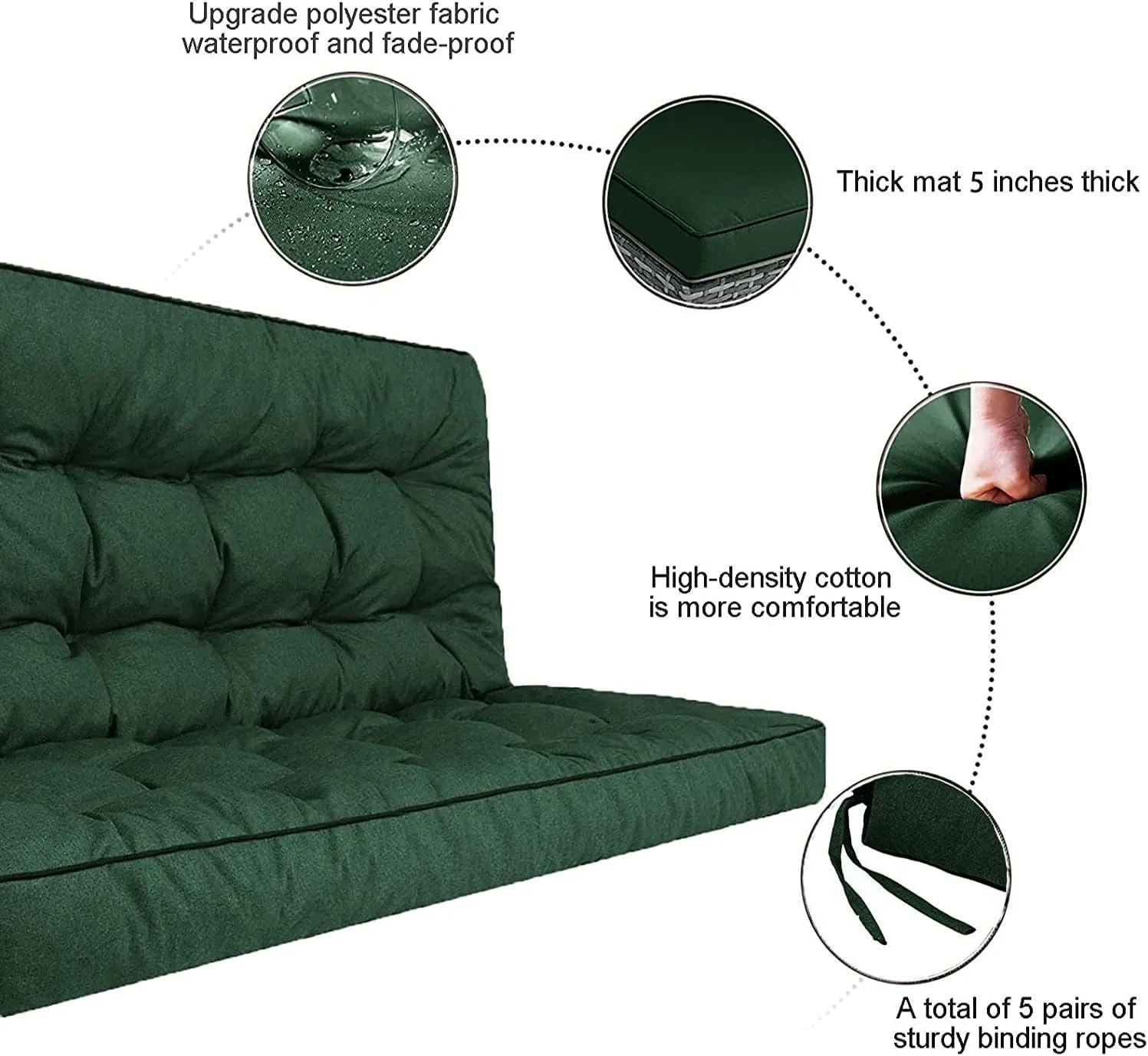 Outside Benches Cushion with Backrest, Thicken Waterproof Swing Cushions 2/3 Seater Replacement, Porch Swing Cushions Outdoor (Dark Green, 55"x40")