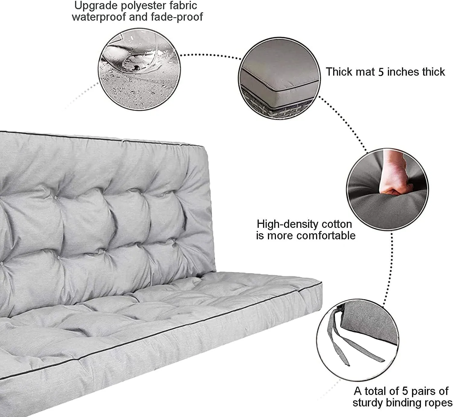 Outside Benches Cushion with Backrest, Thicken Waterproof Swing Cushions 2/3 Seater Replacement, Porch Swing Cushions Outdoor (Gray, 55"x40")