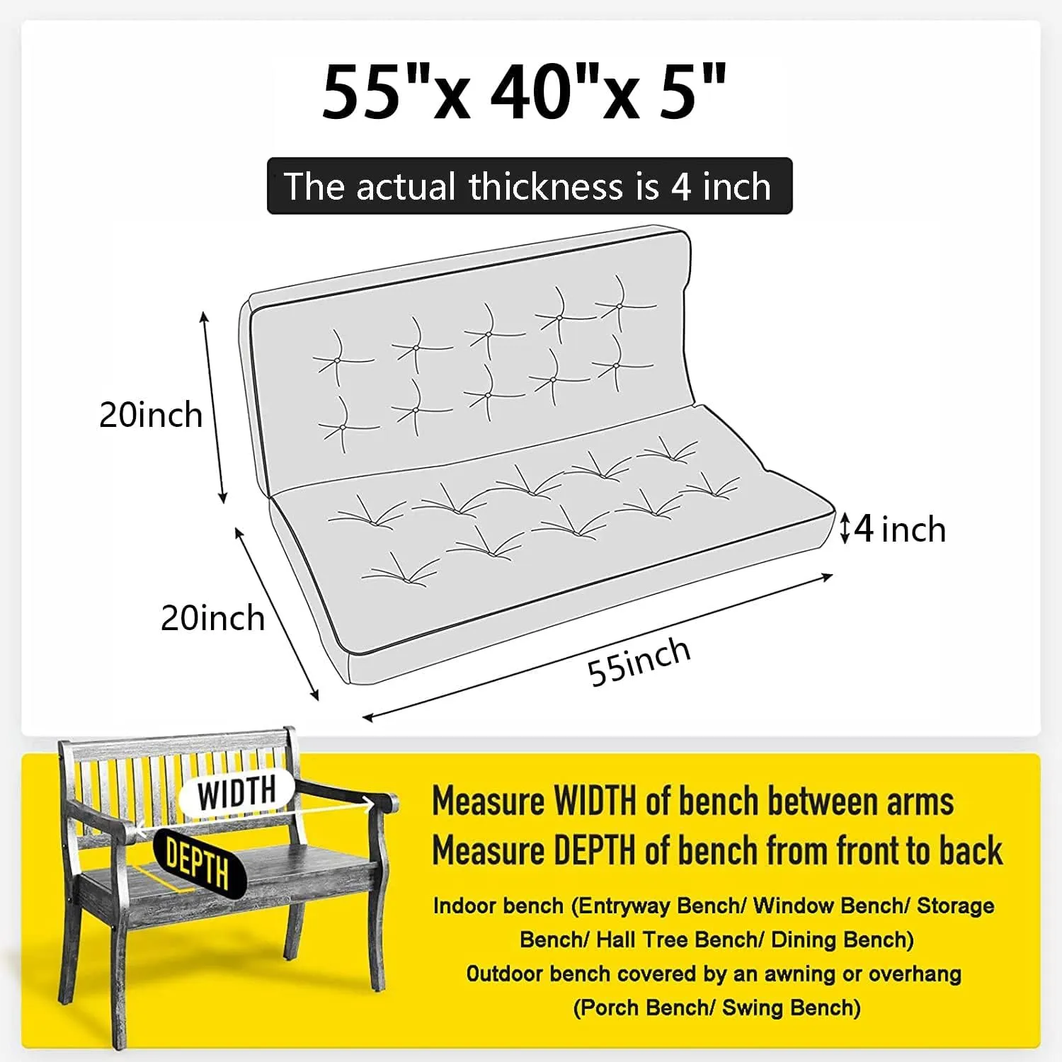 Outside Benches Cushion with Backrest, Thicken Waterproof Swing Cushions 2/3 Seater Replacement, Porch Swing Cushions Outdoor (Gray, 55"x40")