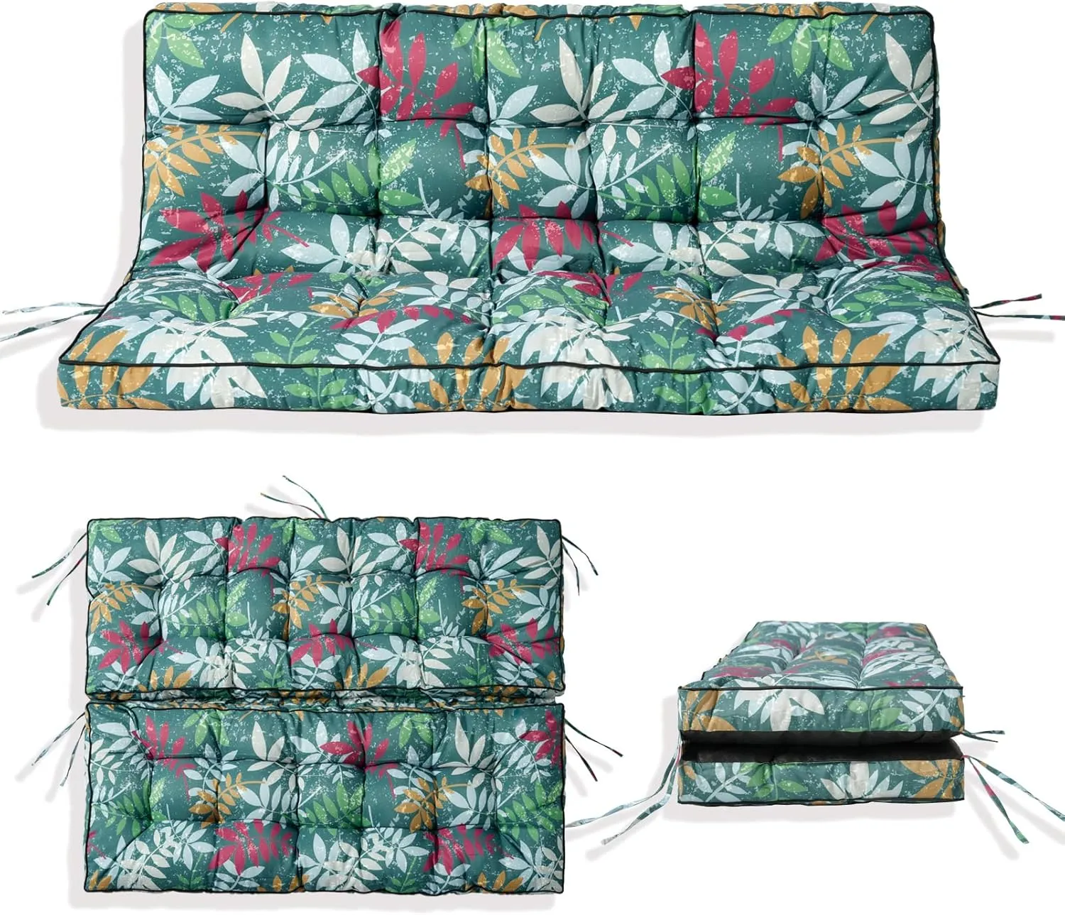 Outside Benches Cushion with Backrest, Thicken Waterproof Swing Cushions 2/3 Seater Replacement, Porch Swing Cushions Outdoor (Green Flower, 55"x40")