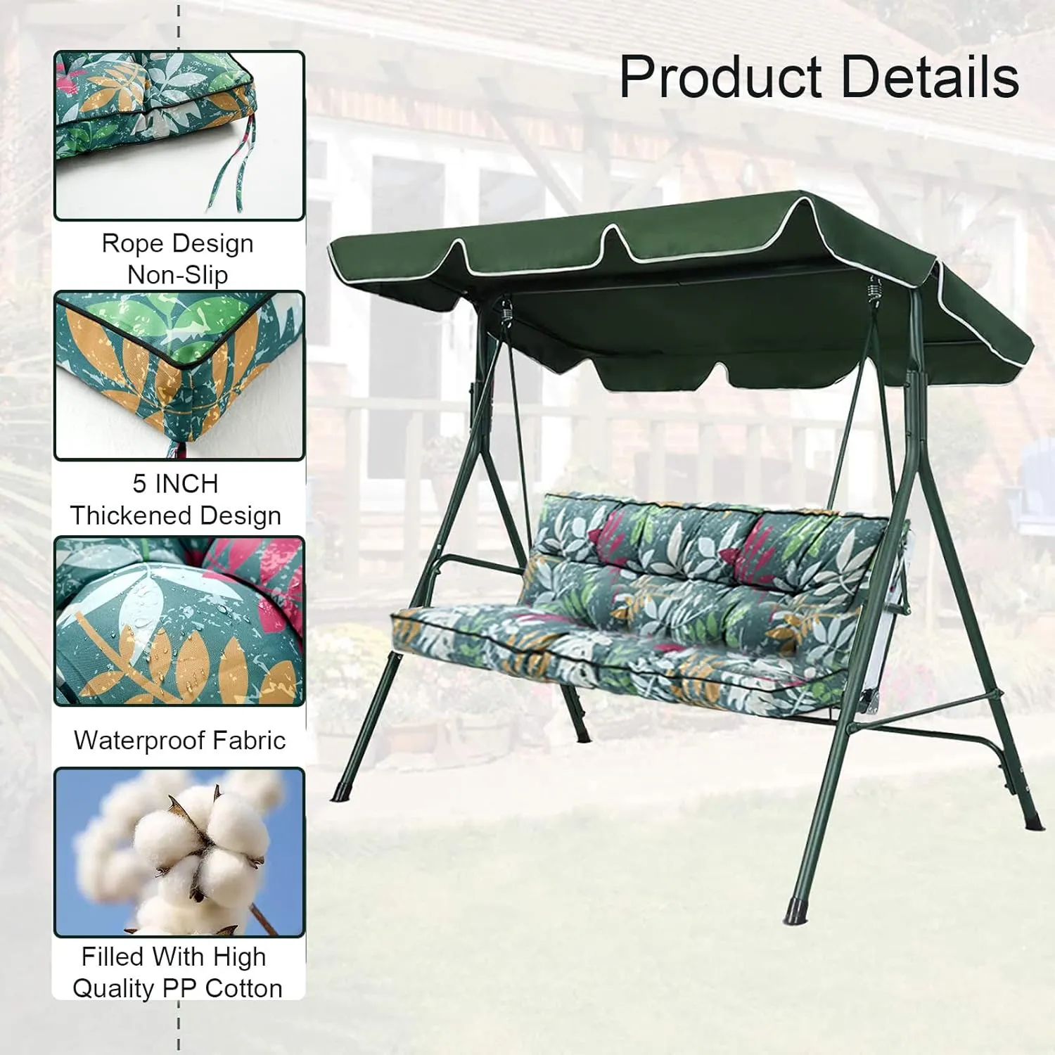 Outside Benches Cushion with Backrest, Thicken Waterproof Swing Cushions 2/3 Seater Replacement, Porch Swing Cushions Outdoor (Green Flower, 55"x40")