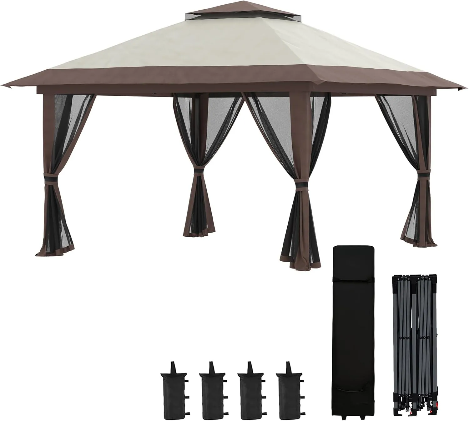 Outsunny 13' x 13' Pop Up Gazebo with Netting, UPF 50  Instant Canopy Tent Shelter with Water/Sand Bags, Wheeled Carry Bag, for Outdoor, Garden, Parties, Beige