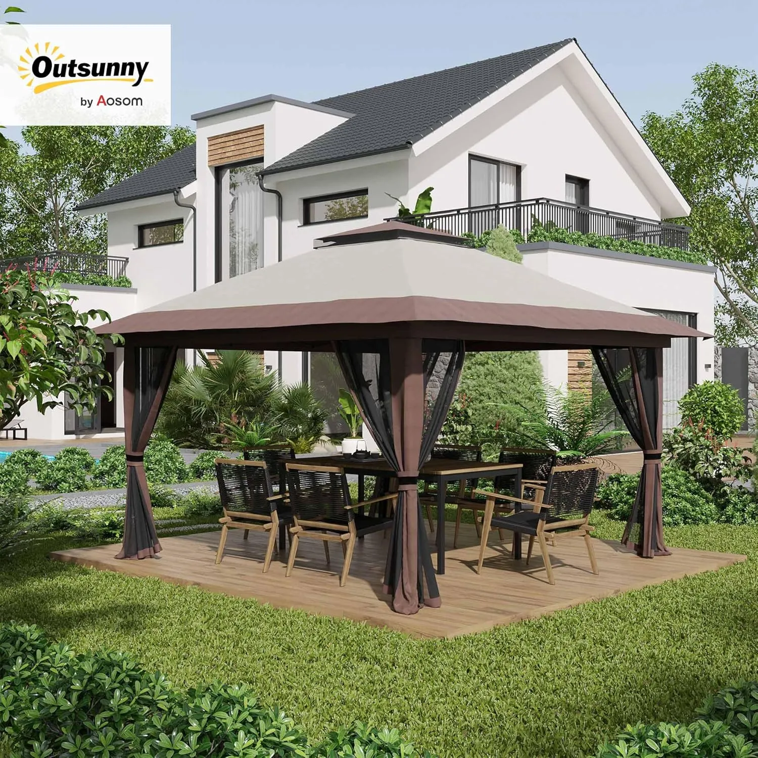 Outsunny 13' x 13' Pop Up Gazebo with Netting, UPF 50  Instant Canopy Tent Shelter with Water/Sand Bags, Wheeled Carry Bag, for Outdoor, Garden, Parties, Beige
