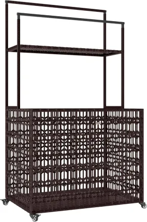 Outsunny Wicker Pool Float Storage Organizer, PE Rattan Pool Float Holder with Basket Shelf Towel Bars, Rolling Pool Caddy for Floaties, Noodles, Life Vests, Beach Balls, Mixed-Brown