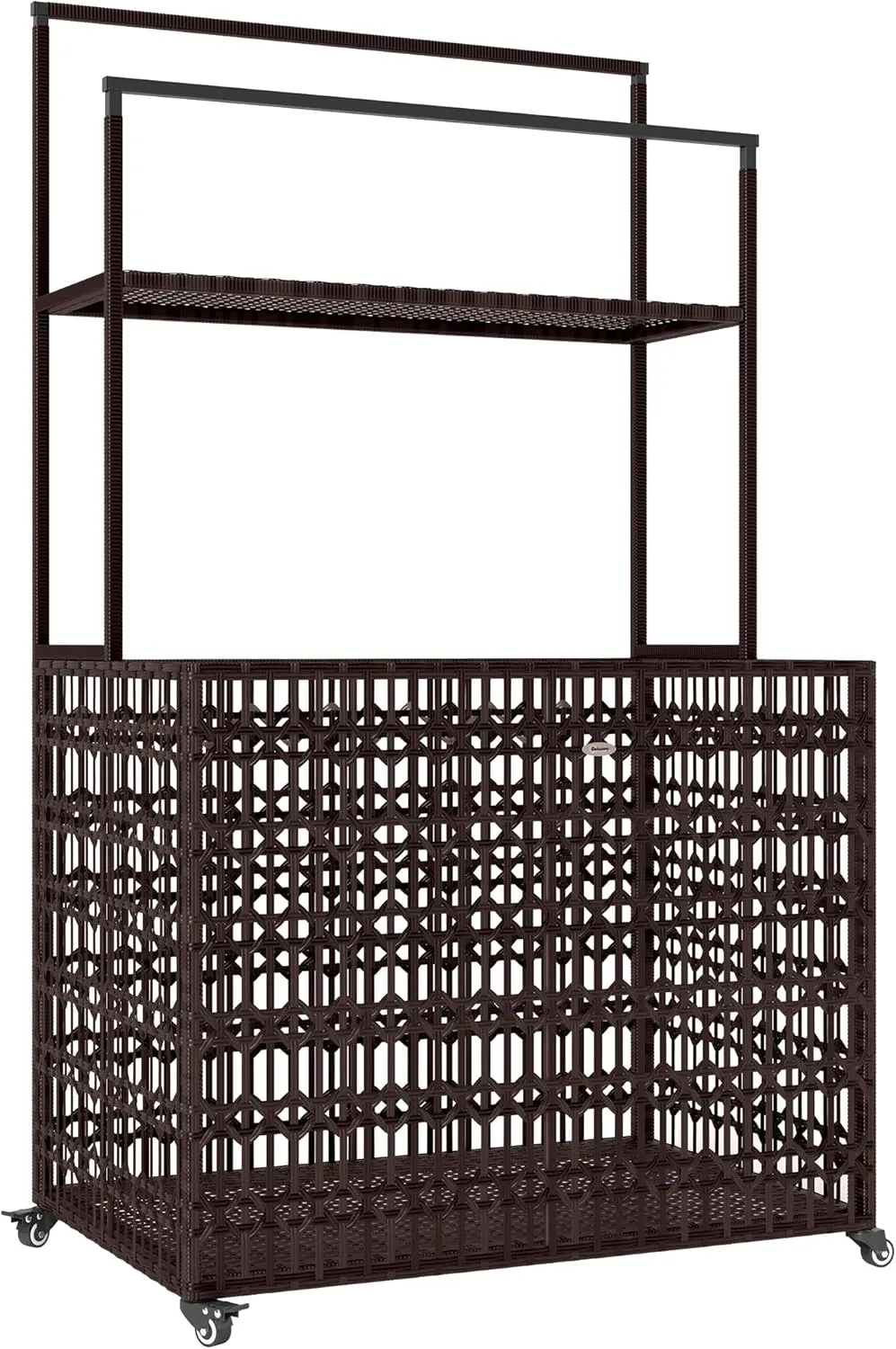 Outsunny Wicker Pool Float Storage Organizer, PE Rattan Pool Float Holder with Basket Shelf Towel Bars, Rolling Pool Caddy for Floaties, Noodles, Life Vests, Beach Balls, Mixed-Brown