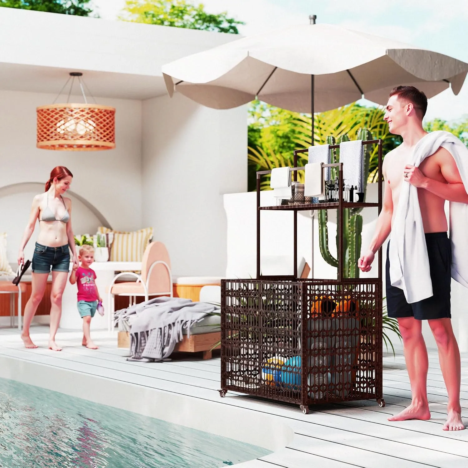 Outsunny Wicker Pool Float Storage Organizer, PE Rattan Pool Float Holder with Basket Shelf Towel Bars, Rolling Pool Caddy for Floaties, Noodles, Life Vests, Beach Balls, Mixed-Brown