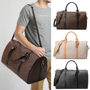 Oversized Vegan Leather Duffel Bag Weekender, Beige/Black/Brown, Medium
