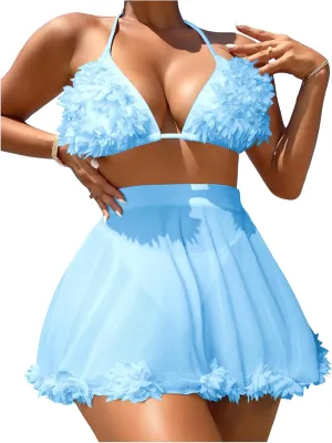 OYOANGLE Women's 3 Pieces Swimsuit Halter Triangle Bikini Swimsuit with Mesh Beach Skirt Cover Up
