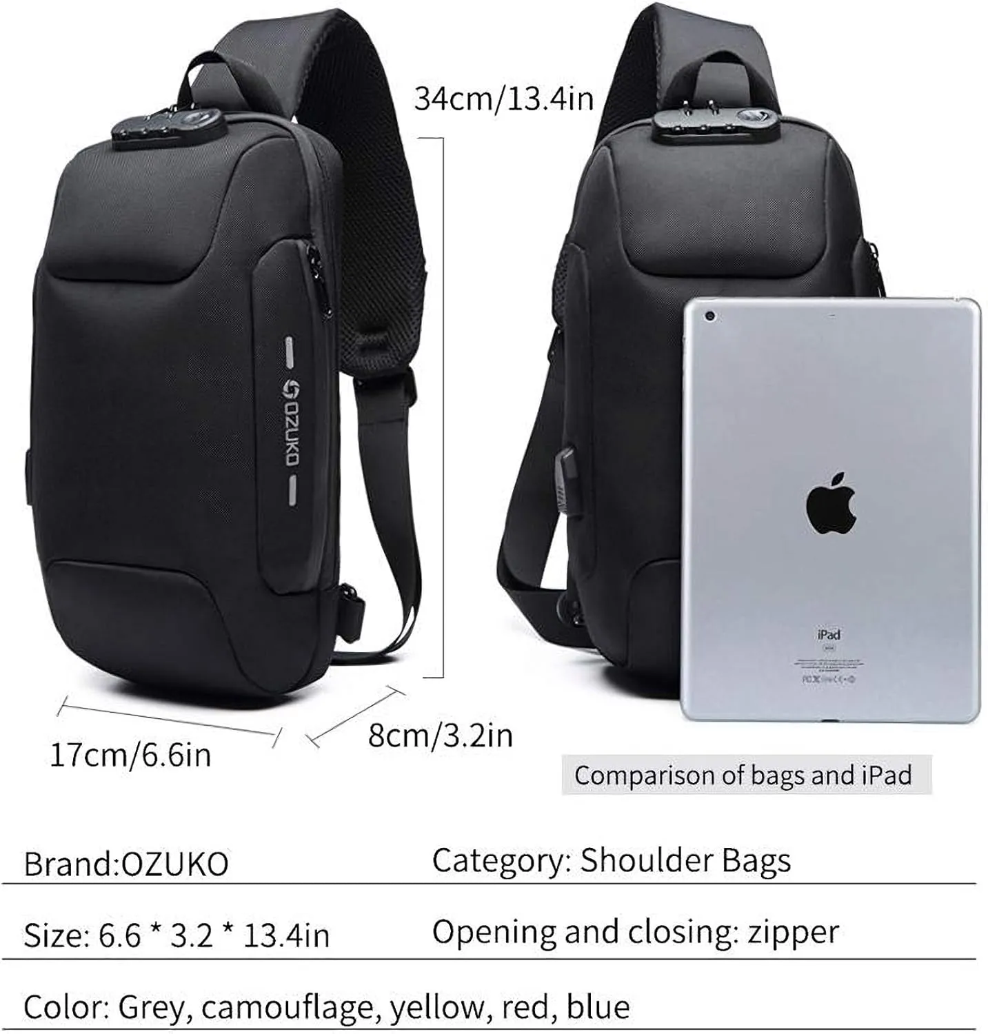 OZUKO sling bag for men anti theft backpacks with usb charger Travel Hiking Chest Bag Daypack water proof (Camouflage)
