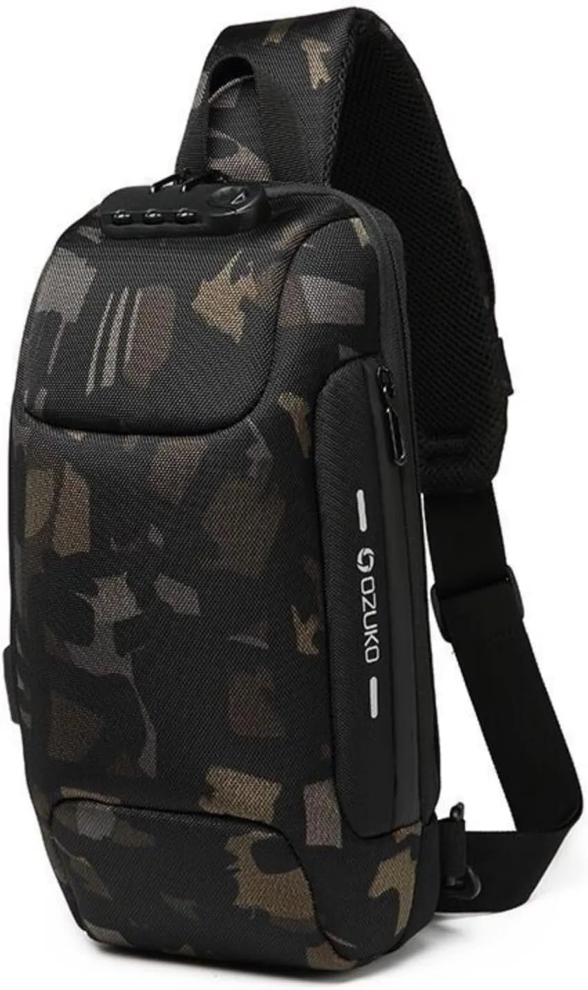 OZUKO sling bag for men anti theft backpacks with usb charger Travel Hiking Chest Bag Daypack water proof (Camouflage)