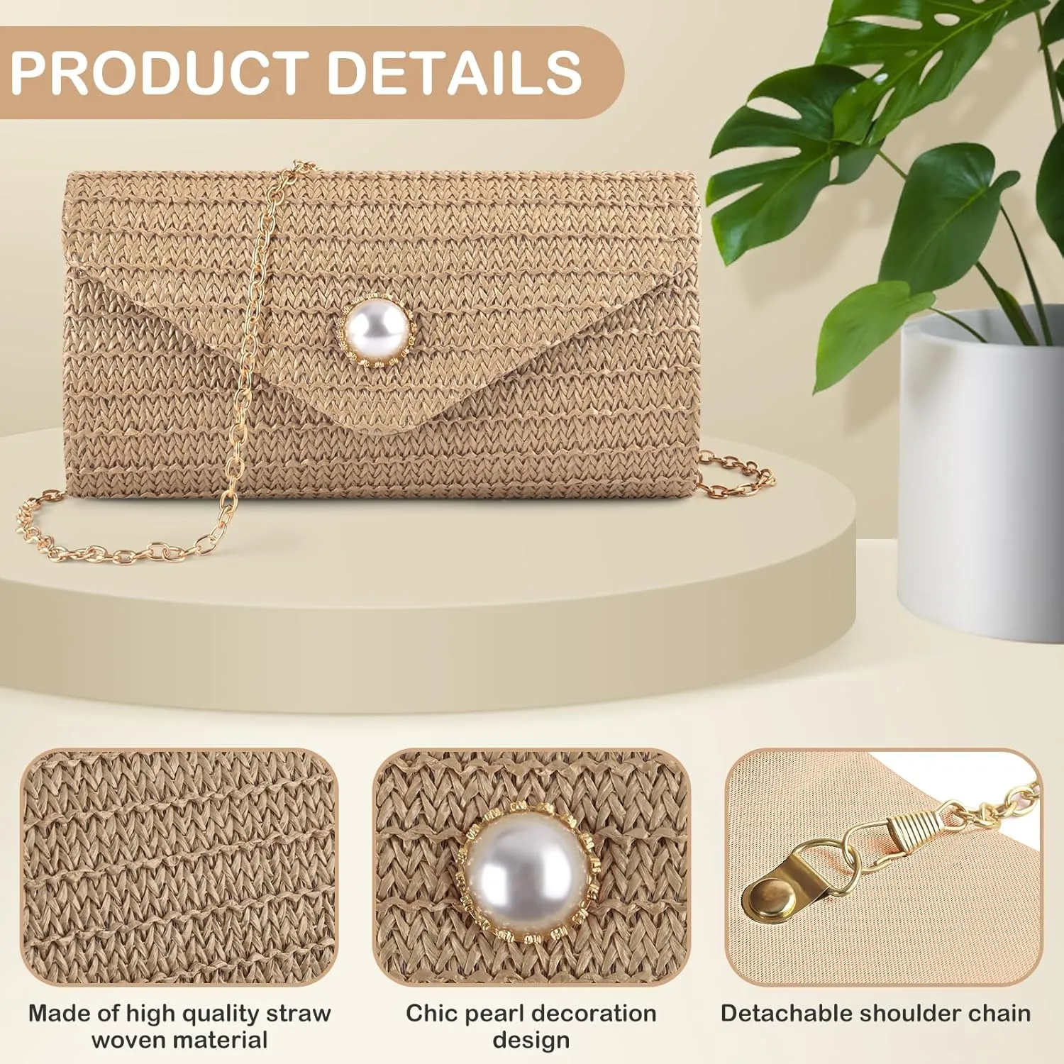 PACETAP Straw Clutch Purse for Women, Pearl Decoration Boho Crossbody Bags Handbags for Beach Travel Vacation Party Prom