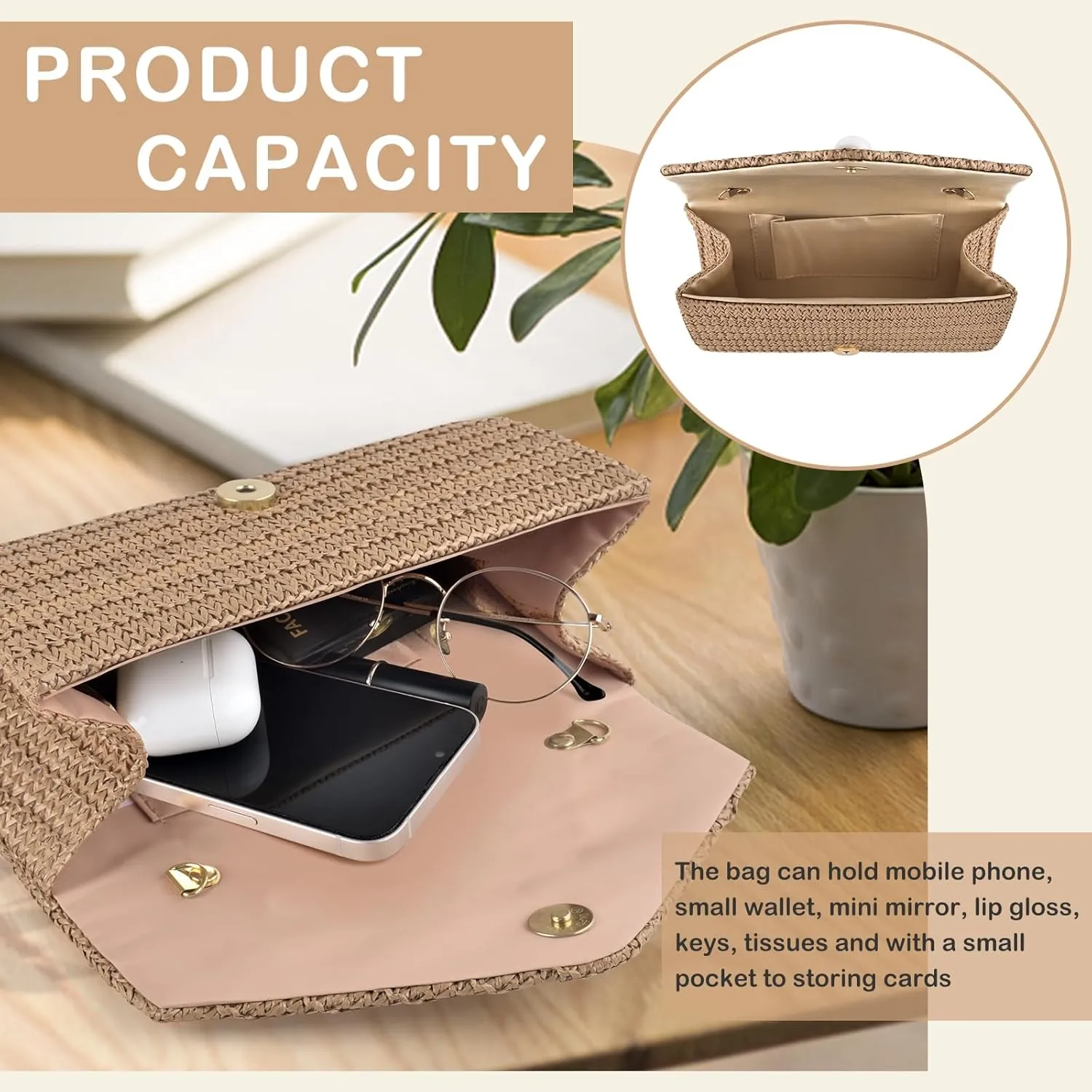 PACETAP Straw Clutch Purse for Women, Pearl Decoration Boho Crossbody Bags Handbags for Beach Travel Vacation Party Prom
