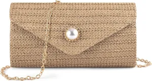 PACETAP Straw Clutch Purse for Women, Pearl Decoration Boho Crossbody Bags Handbags for Beach Travel Vacation Party Prom