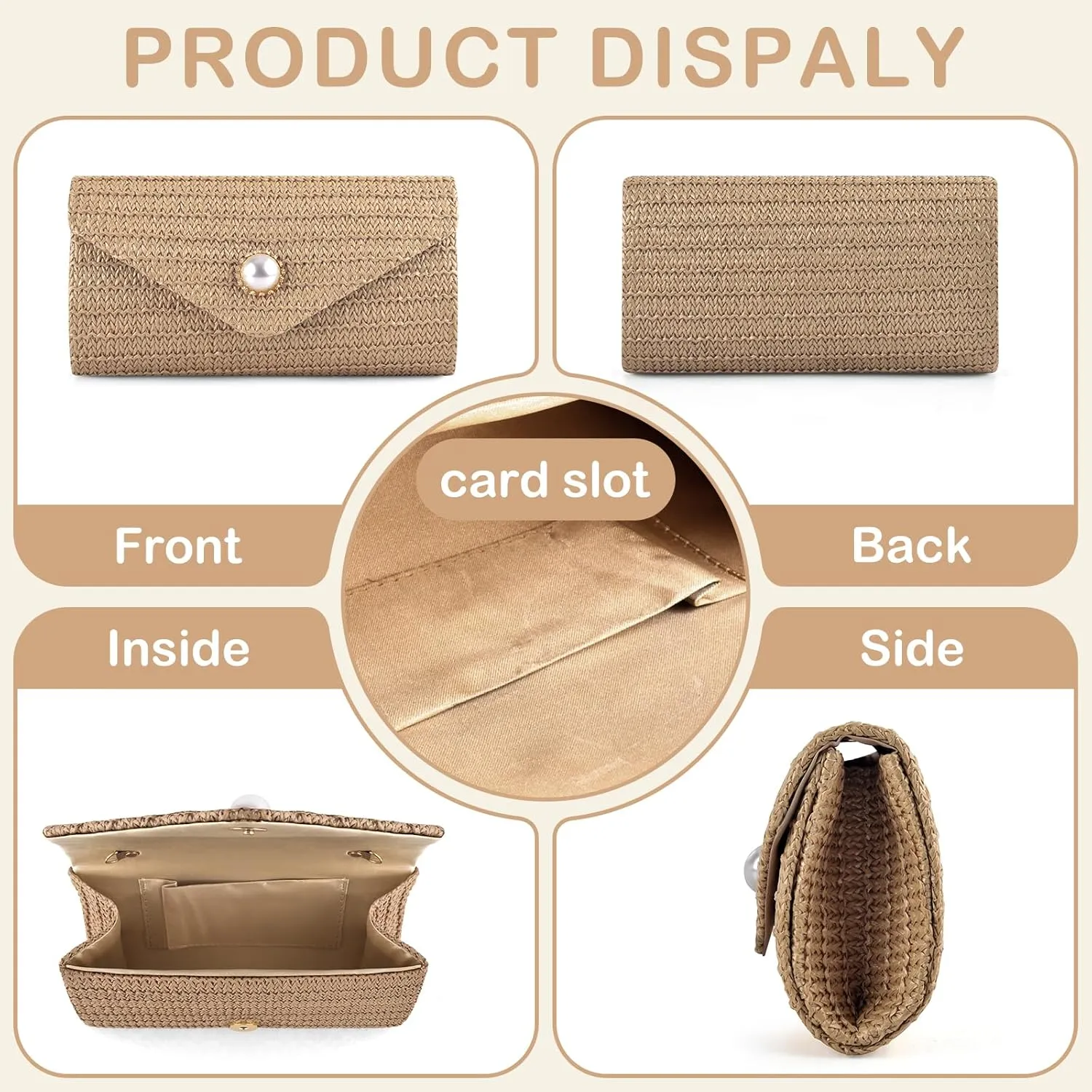 PACETAP Straw Clutch Purse for Women, Pearl Decoration Boho Crossbody Bags Handbags for Beach Travel Vacation Party Prom