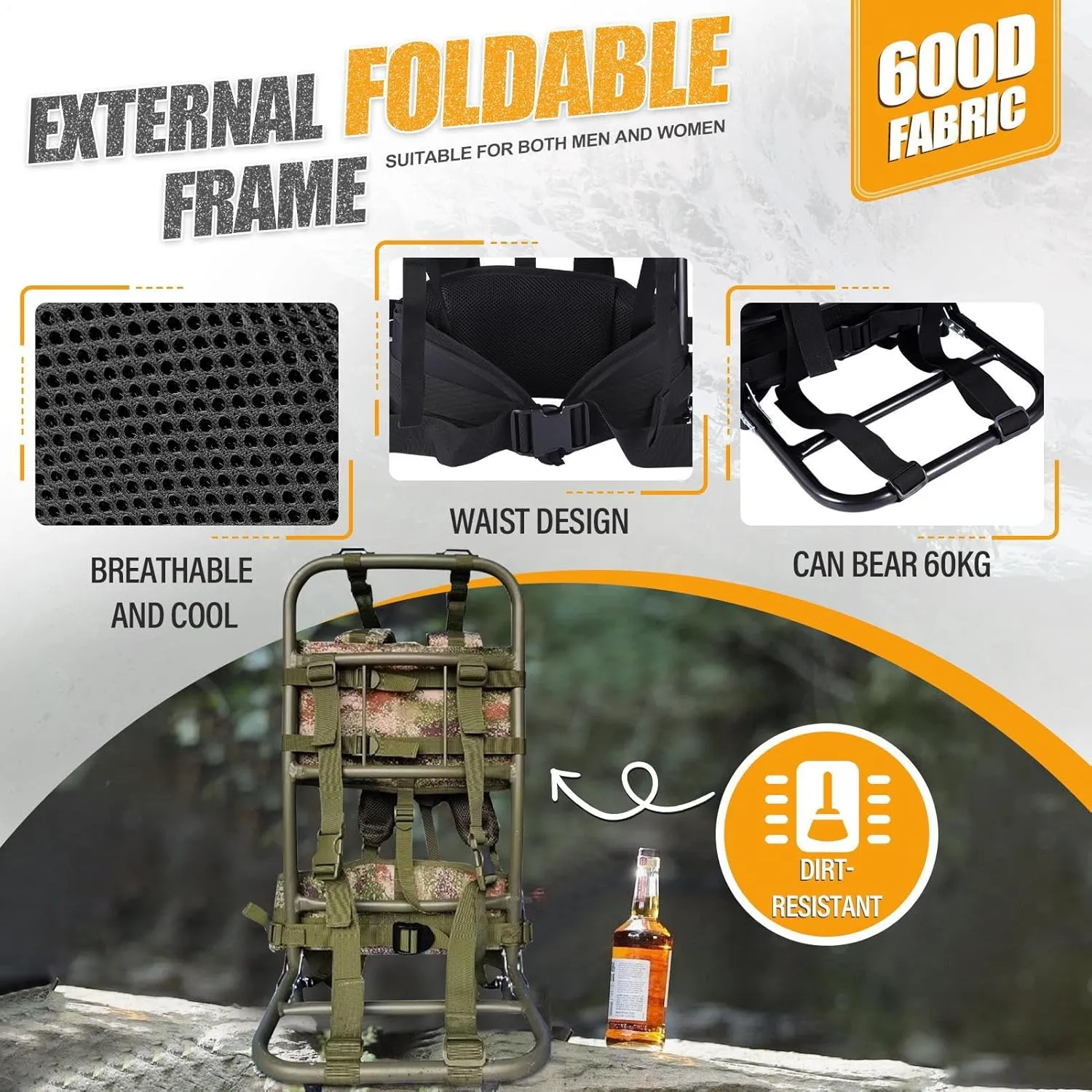 Pack Frames for Hunting, External Aluminum Frame Hiking Backpacks,Foldable Hunting Pack Frame Hiking Backpack Frame, 28.35 x 14.17 x 11.02 inches for Travel, Outdoor Activity - Camouflage Color
