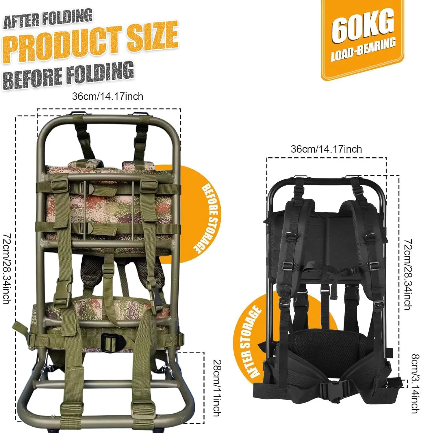 Pack Frames for Hunting, External Aluminum Frame Hiking Backpacks,Foldable Hunting Pack Frame Hiking Backpack Frame, 28.35 x 14.17 x 11.02 inches for Travel, Outdoor Activity - Camouflage Color