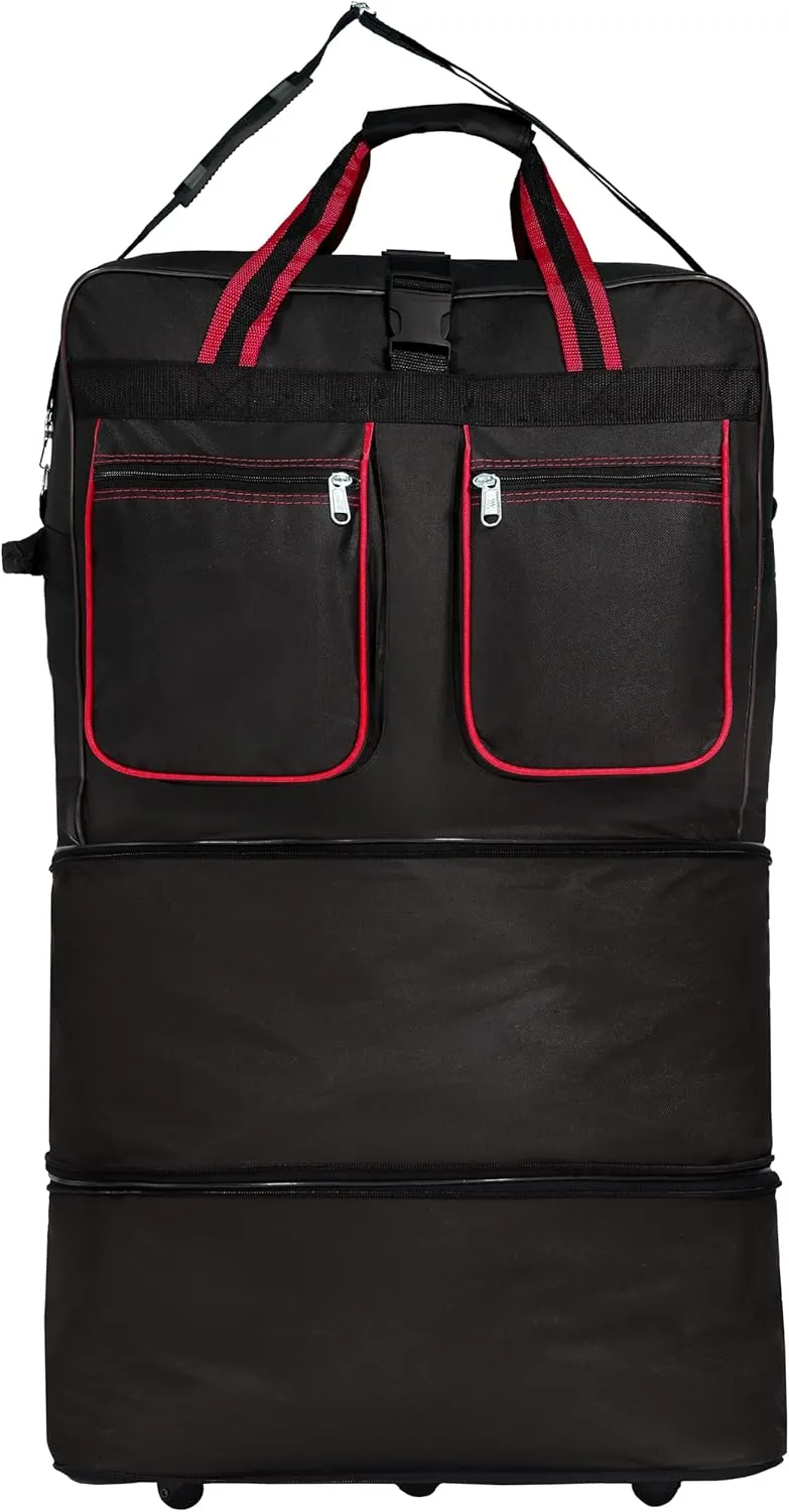 (Pack of 2) 36"" Duffle Bag Expandable Rolling Lightweight Wheeled Spinner Suitcase Luggage for Travel and Storage, Black with Red Trim, Wheelbag36