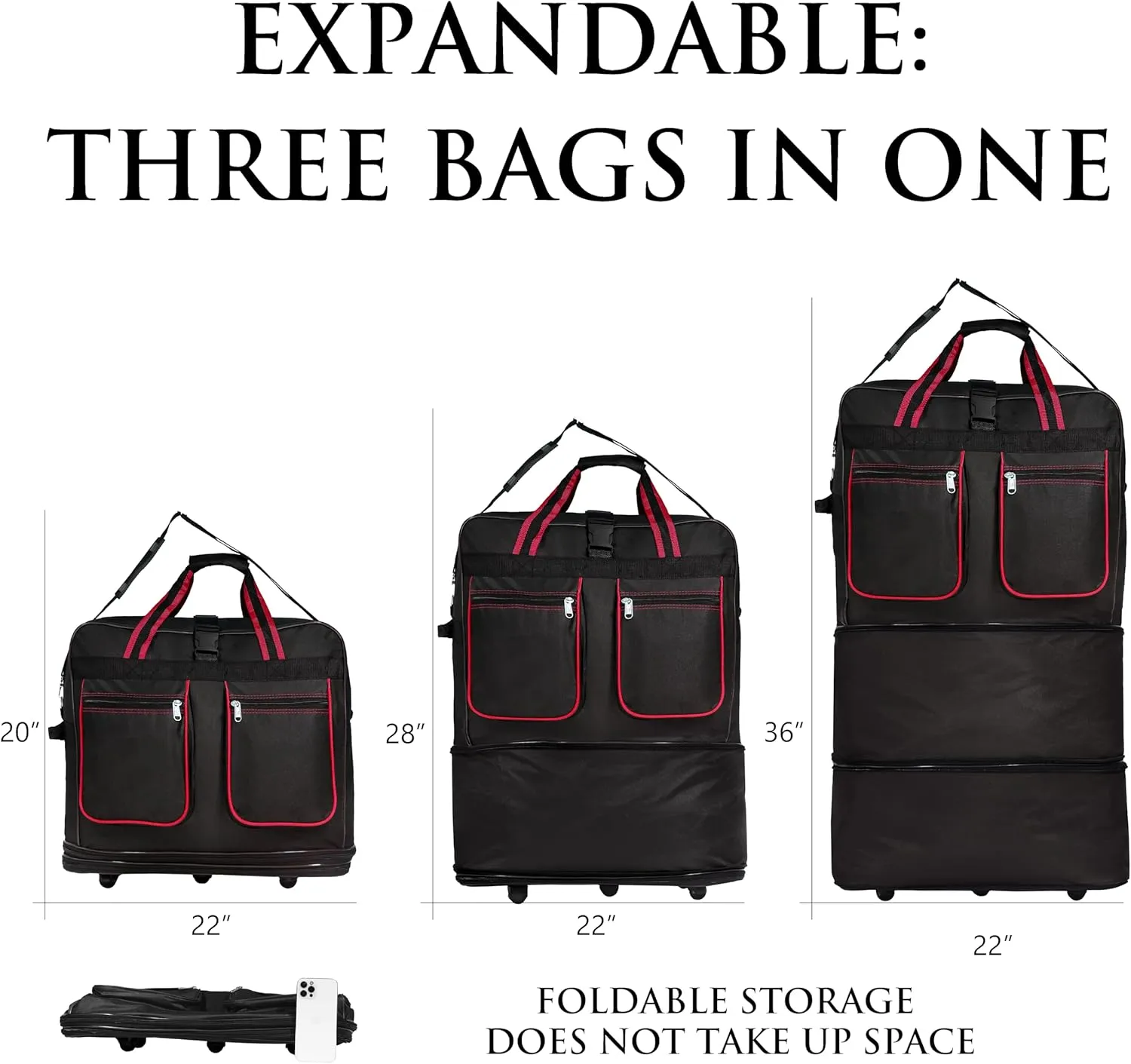 (Pack of 2) 36"" Duffle Bag Expandable Rolling Lightweight Wheeled Spinner Suitcase Luggage for Travel and Storage, Black with Red Trim, Wheelbag36