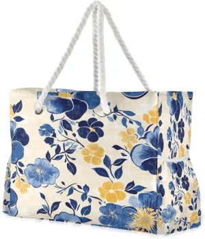 Palace Style Flower Beach Tote Bag for Women Large Pool Bags Carry On Bag With Wet Compartment for Beach Travel with Pocket Zipper Outdoor Tote Bag