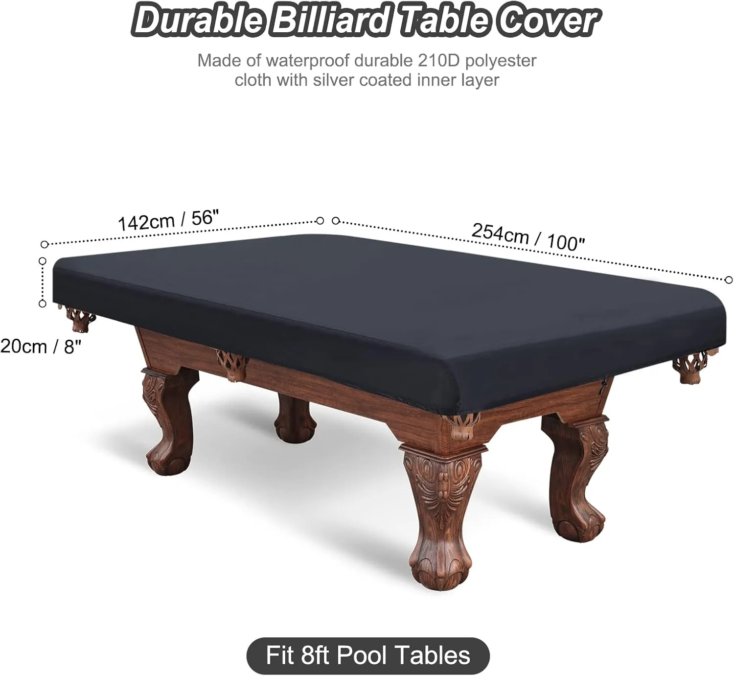 PATIKIL Billiard Pool Table Cover 8 Feet Waterproof Outdoor Indoor Dustproof Sun Rain Protection Billiard Table Cover for Patio Table Snooker Billiard Table, Black