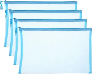 PATIKIL Mesh Zipper Bags, 4 Pack Nylon A4 Size Pen Pencil Travel Cases Toiletry Cosmetic Makeup Pouches Zipper Files Purse Organizer for Office, Sky Blue