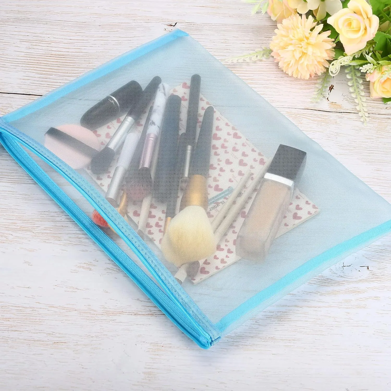 PATIKIL Mesh Zipper Bags, 4 Pack Nylon A4 Size Pen Pencil Travel Cases Toiletry Cosmetic Makeup Pouches Zipper Files Purse Organizer for Office, Sky Blue