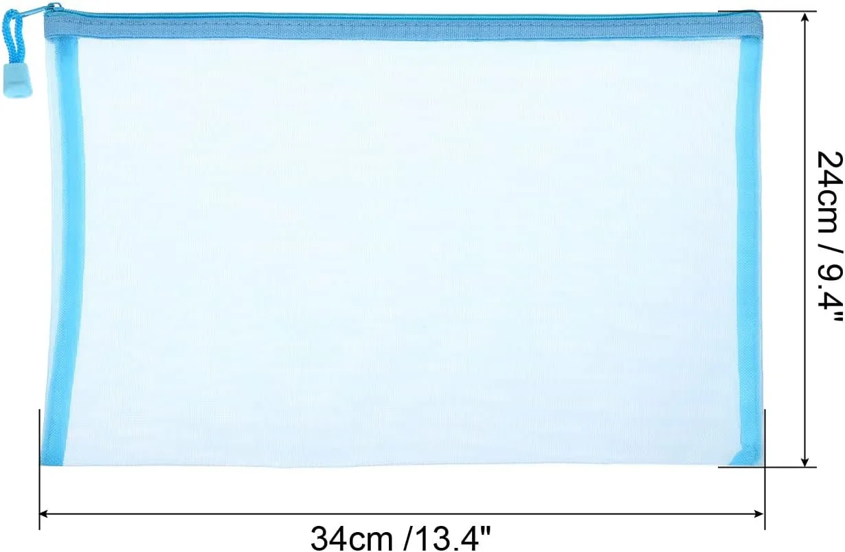 PATIKIL Mesh Zipper Bags, 4 Pack Nylon A4 Size Pen Pencil Travel Cases Toiletry Cosmetic Makeup Pouches Zipper Files Purse Organizer for Office, Sky Blue