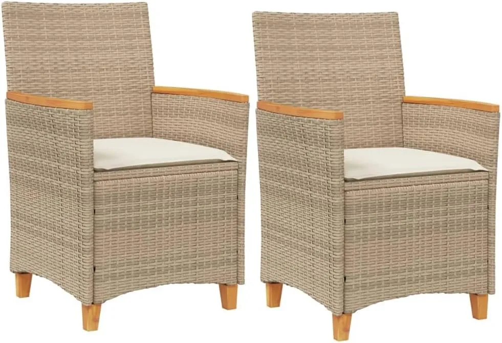 Patio Chairs with Cushions 2 PCS, Beige Poly Rattan & Solid Wood Outdoor Furniture, All-Weather Lounge Chairs for Poolside, Backyard, Deck, 242.5lb Capacity