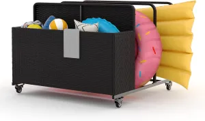 PE Rattan Outdoor Pool Caddy With Rolling Wheels, Patio Wicker Poolside Float Storage Basket for Cushions, Floaties, Noodles, Life Vests, Beach Balls, Toys