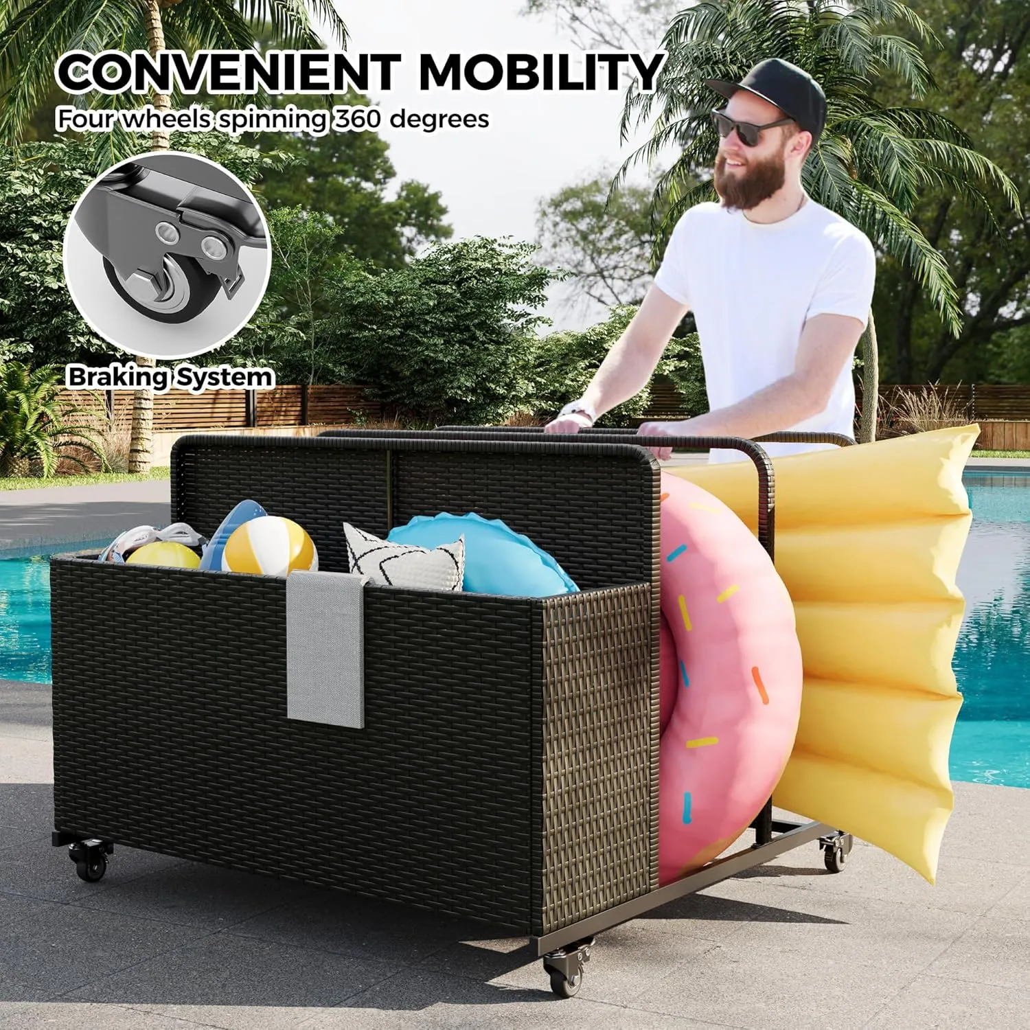 PE Rattan Outdoor Pool Caddy With Rolling Wheels, Patio Wicker Poolside Float Storage Basket for Cushions, Floaties, Noodles, Life Vests, Beach Balls, Toys
