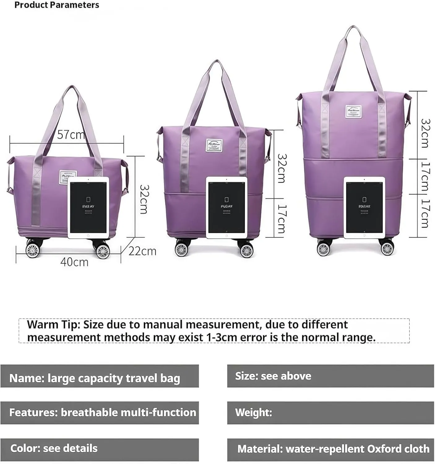 Pepepo Travel Bag with Wheels, 2025 New Large Capacity Travel Bag, Expandable and Foldable Luggage Bags, With Dry and Wet Separation Layer, Durable & Multi-functional Design (Violet)