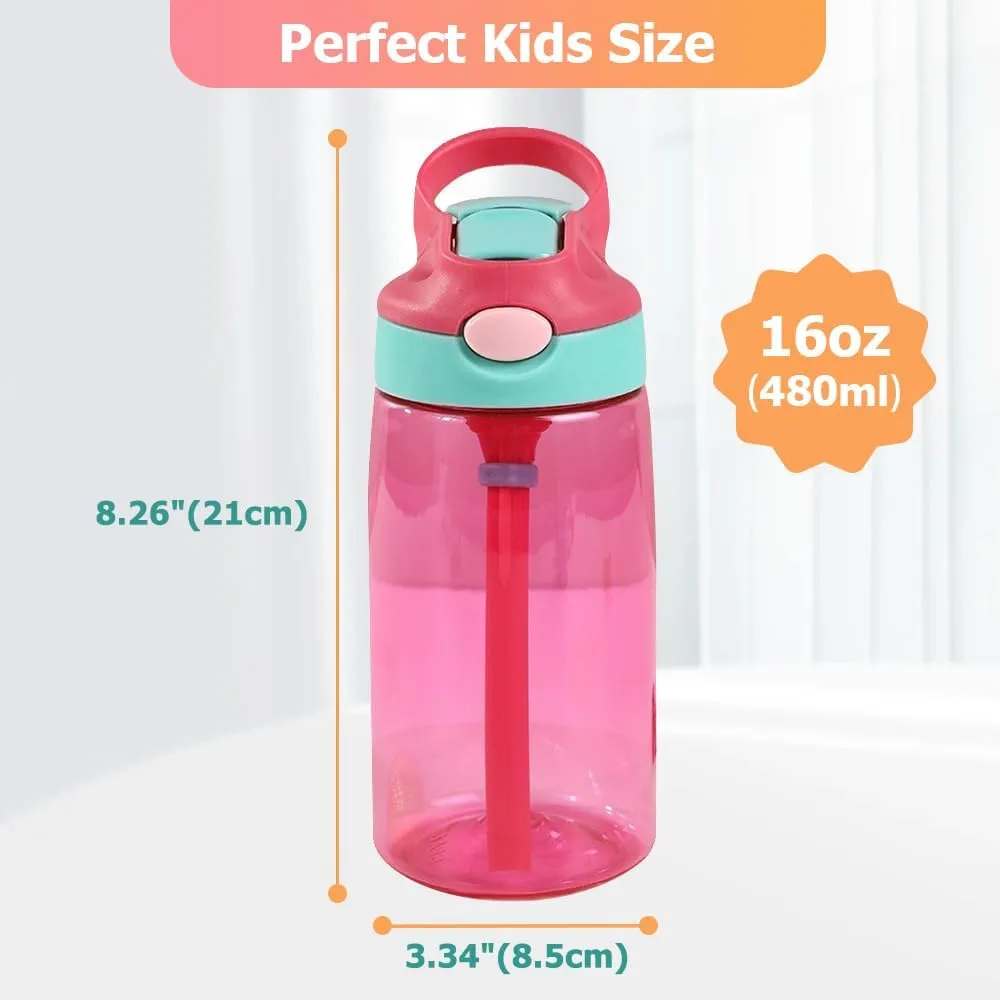 Personalized 16oz Kids Water Bottle, Custom Colorful Cartoon and Name on Plastic Water Bottle with Silicone Straw and Handle, Leak-Proof Pop-Up Spout Cover (Hawaiian Animal Character)
