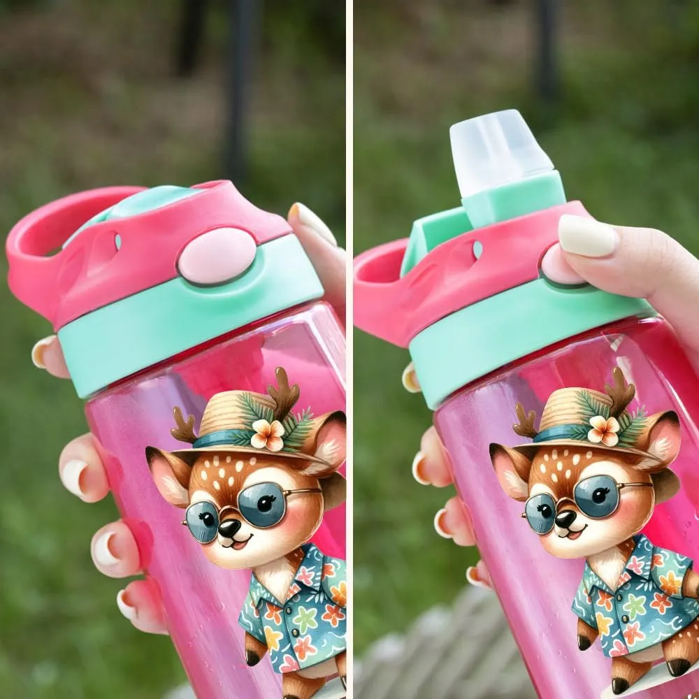 Personalized 16oz Kids Water Bottle, Custom Colorful Cartoon and Name on Plastic Water Bottle with Silicone Straw and Handle, Leak-Proof Pop-Up Spout Cover (Hawaiian Animal Character)