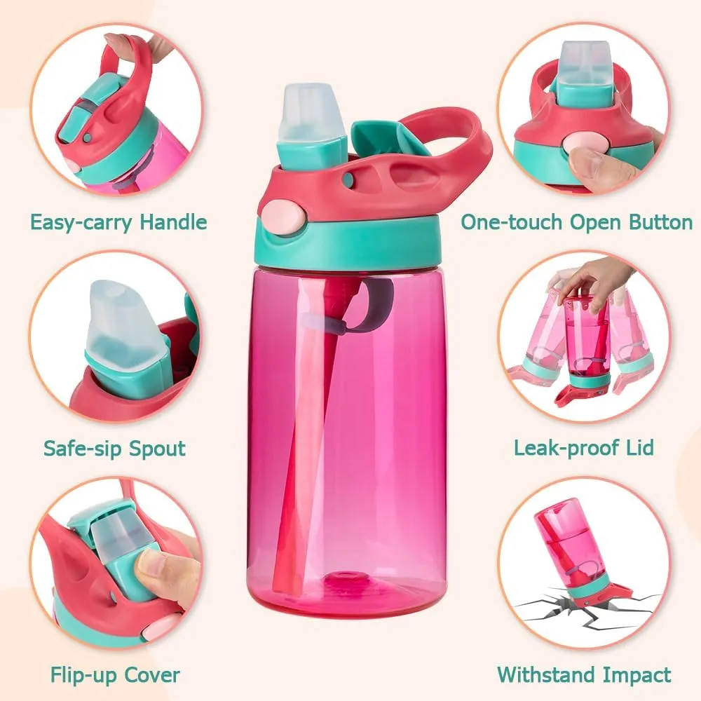 Personalized 16oz Kids Water Bottle, Custom Colorful Cartoon and Name on Plastic Water Bottle with Silicone Straw and Handle, Leak-Proof Pop-Up Spout Cover (Hawaiian Animal Character)